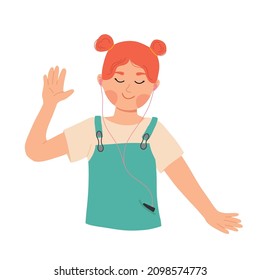 a Happy Girl Dancing While Enjoy Listening To Music. Cute Woman Using Headset Listen Radio Illustration