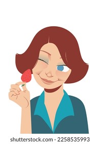 Happy girl with dark hair looking at strawberries with a smile.  
