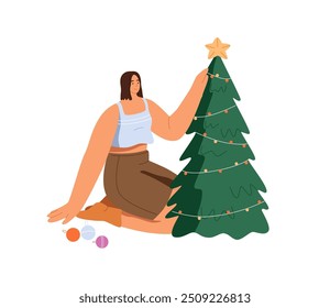 Happy girl decorates Christmas tree with baubles, adornments, balls. Woman goes fir decoration for winter holidays. Preparing home for New Year. Flat isolated vector illustration on white background