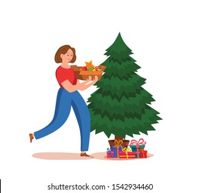 Happy girl decorating Christmas tree with toys, star and garland. Vector colorful illustration of woman preparation for New Year celebration party. Cozy Xmas holiday home concept in flat style.