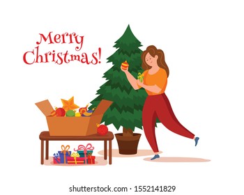 Happy girl decorating Christmas tree with toys, star and garland. Vector colorful illustration of woman preparation for New Year celebration party. Cozy Xmas holiday home concept in flat style.