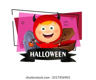 Happy girl in devil costume inviting to party. Halloween inscription on black ribbon, tombstone and coffin on background. Halloween celebration concept. Vector illustration for poster or banner