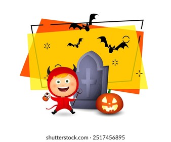 Happy girl in devil costume with sweets. Pumpkin lantern, tombstone, flying bats on background. Invitation or banner design. Halloween concept. Vector illustration for poster or leaflet