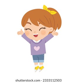 Happy Girl with different positive emotions. Kid jumping and waving their hands in greeting.