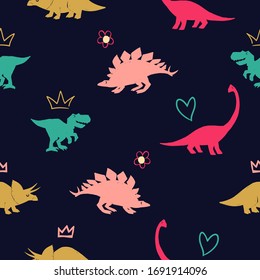 Happy girl dinosaur seamless on black blue background. Baby girl and boy pattern with stegosaurus, triceratops, brachiosaurus and cute tyrannosaur decorated crowns and flowers. Vector doodle.