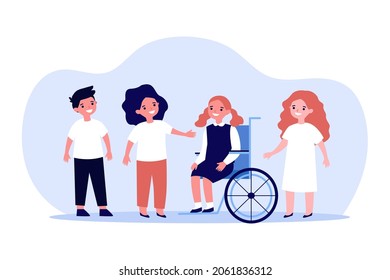 Happy girl with disability with group of friends. Child sitting in wheelchair flat vector illustration. Support for people with disability concept for banner, website design or landing web page