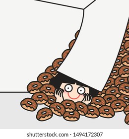 Happy Girl Discovered A Big Piles Of Donuts Inside The Walls Concept Card Character illustration