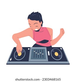 Happy girl DJ mixing modern music at console mixer at party cartoon vector illustration