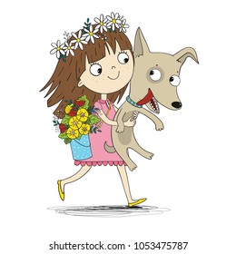 Happy girl and dog. Bouquet of flowers. Vector children book illustration.