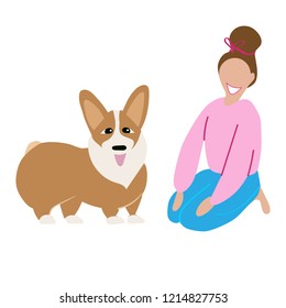 Happy girl with dog  isolated om white background,Welsh Corgi Cardigan dog,smiling woman with pet