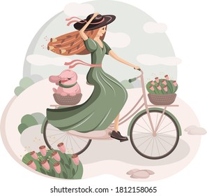 Happy girl with a dog ride a bike