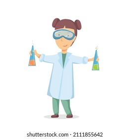 Happy girl is doing a chemical experiment. Vector cartoon illustration.
