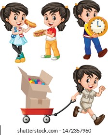 Happy girl doing different actions illustration