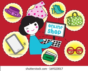 A happy girl is doing her online shopping illustration