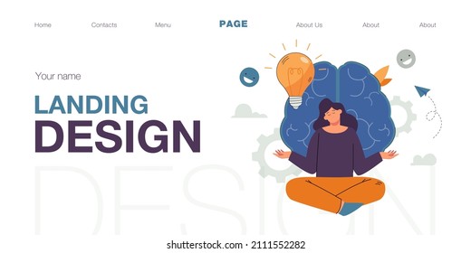 Happy girl doing yoga exercises in front of huge brain. Positive mind, spiritual intelligence flat vector illustration. Mental health, harmony, healthy lifestyle concept for banner or landing web page