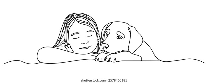 A happy girl drawing with her dog, a simple line art piece reflecting the pet culture in the city. A minimal design on a white background.