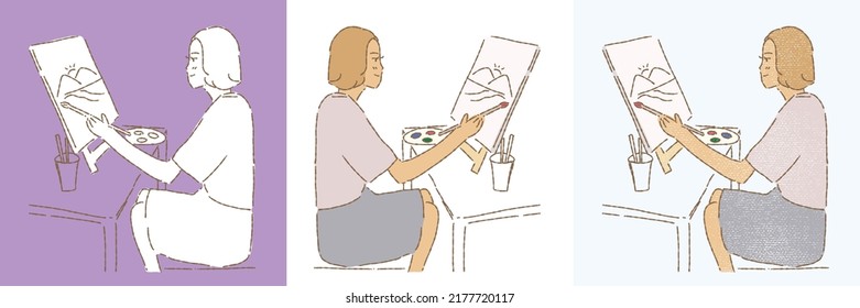 Happy girl drawing and painting. Artists or creative people at working process. Set of different styles hand drawn flat vector illustration isolated on colored background. World Art Day.