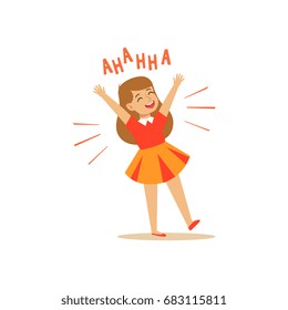 Happy girl in a dress laughing out loud colorful character vector Illustration