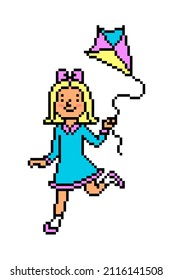 Happy girl in a dress running with a kite, pixel art character isolated on white background. Kid playing in the park. Summer outdoor activity for children. Playground game. Retro 8 bit game graphics.