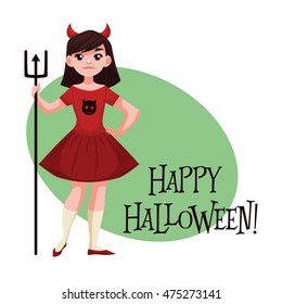 Happy girl dressed as devil for Halloween, cartoon style vector illustration isolated on white background. Little devil fancy dress idea. Trick or treat Halloween card