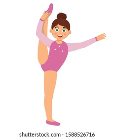 Happy girl dressed in pink leotard doing gymnastic exercises. Kids sport