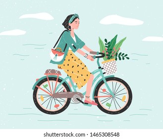 Happy girl dressed in trendy clothes riding city bicycle with flower bouquet in front basket. Adorable young hipster woman on bike. Cute pedaling female bicyclist. Flat cartoon vector illustration.