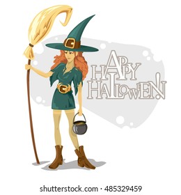 Happy girl dressed as witch for Halloween, vector illustration isolated on white background. Trick or treat Halloween day case or card