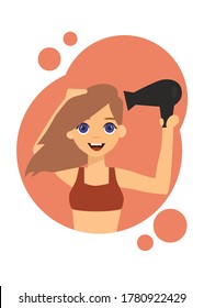 Happy girl  dries her hair with a hair dryer. Lady with blue eyes. Vector illustration