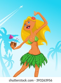 Happy girl with a drink in hand. Flying airplane and tropical palm trees in the background. Vector illustration
