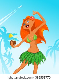 Happy girl with a drink in hand. Flying airplane and tropical palm trees in the background. Vector illustration
