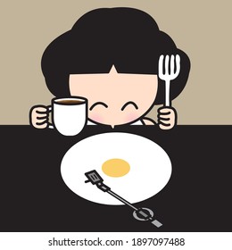 Happy Girl Drinking Coffee While Listening Music From Sunny-Side Up Fried Egg Shaped Vinyl Records. Relaxing, Eating And Enjoying Life At Home Concept Card Character illustration