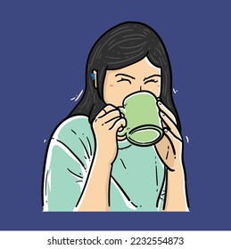 Happy girl drinking cup of coffee on blue background modern vector illustration
