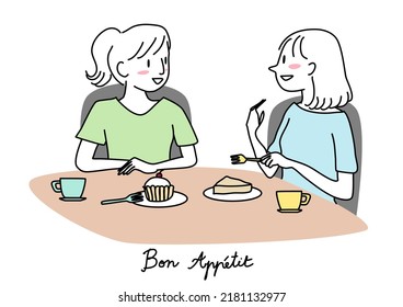 Happy girl drinking tea or coffee with friend in a coffee shop. Two women enjoying eating desserts together. Women's friendship concept with cute girlfriends talking and smiling together at café.