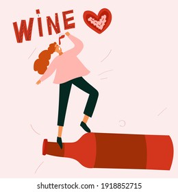 A happy girl drinks a gulp of wine while standing on an empty wine bottle. The word wine written by hand