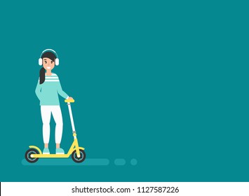 happy girl with earphones on kisk scooter or balance bike. creative hipster. flat vector illustration turquoise background. activity, free work, creative ideas. Rest and vacation.