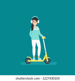 happy girl with earphones on kisk scooter or balance bike. creative hipster. flat vector illustration turquoise background. activity, free work, creative ideas. Rest and vacation.
