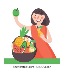 Happy girl eating an apple, fruit basket.In bowl watermelon, lemon, apple, pear, pineapple, avocado, orange. Healthy eating concept. Vector illustration in a flat cartoon style