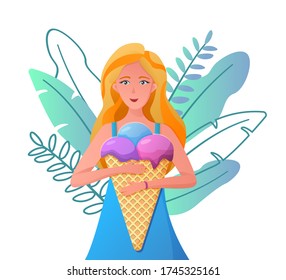 Happy girl eating a big ice cream with fruits and berries flavour, in waffle and cone.