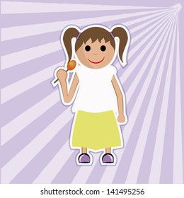 happy girl eating candy on purple striped background