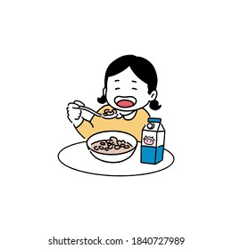 Happy girl eating cereal, breakfast concept, hand-drawn line art style vector illustration.