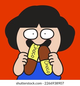 Happy Girl Eating Chocolate Pills Concept Card Character illustration