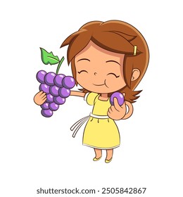 Happy girl eating grapes, vector illustration