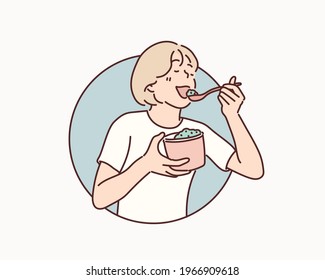 Happy girl eating ice cream. Hand drawn style vector design illustrations.