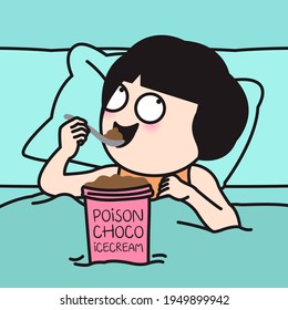 Happy Girl Eating Poison Chocolate Icecream In Bed. Harmful Sugar Addiction Concept Card Character illustration