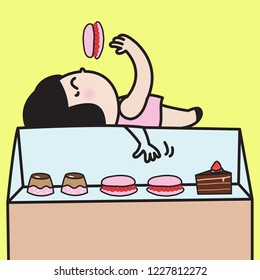 Happy Girl Eating Treats While Laying On Bakery Showcase Display In Pastry Confectionary Shop Concept CardCharacter illustration