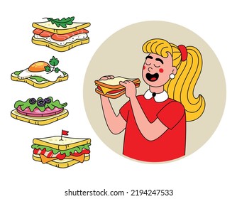 Happy girl eats an appetizing sandwich and set of delicious juicy sandwiches. Bright vector illustration in cartoon retro style.