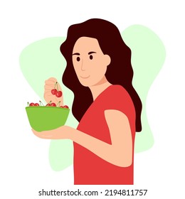 Happy girl eats fruit. Young woman eating fresh cherry. Healthy summer fruits. Beautiful woman posing with a cherry. flat style illustration. vector eps 10