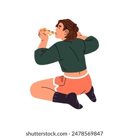 Happy girl eats pizza back view. Teenager sits on floor, holds piece of pepperoni. Young woman takes a bite of slice of margarita. Fast food for meal. Flat isolated vector illustration on white