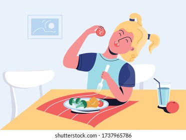 Happy girl eats vegetables - tomato and broccoli - with good appetite and pleasure. Forming healthy eating habits