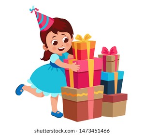 Happy girl in elegant dress hugs a bouquet of birthday presents